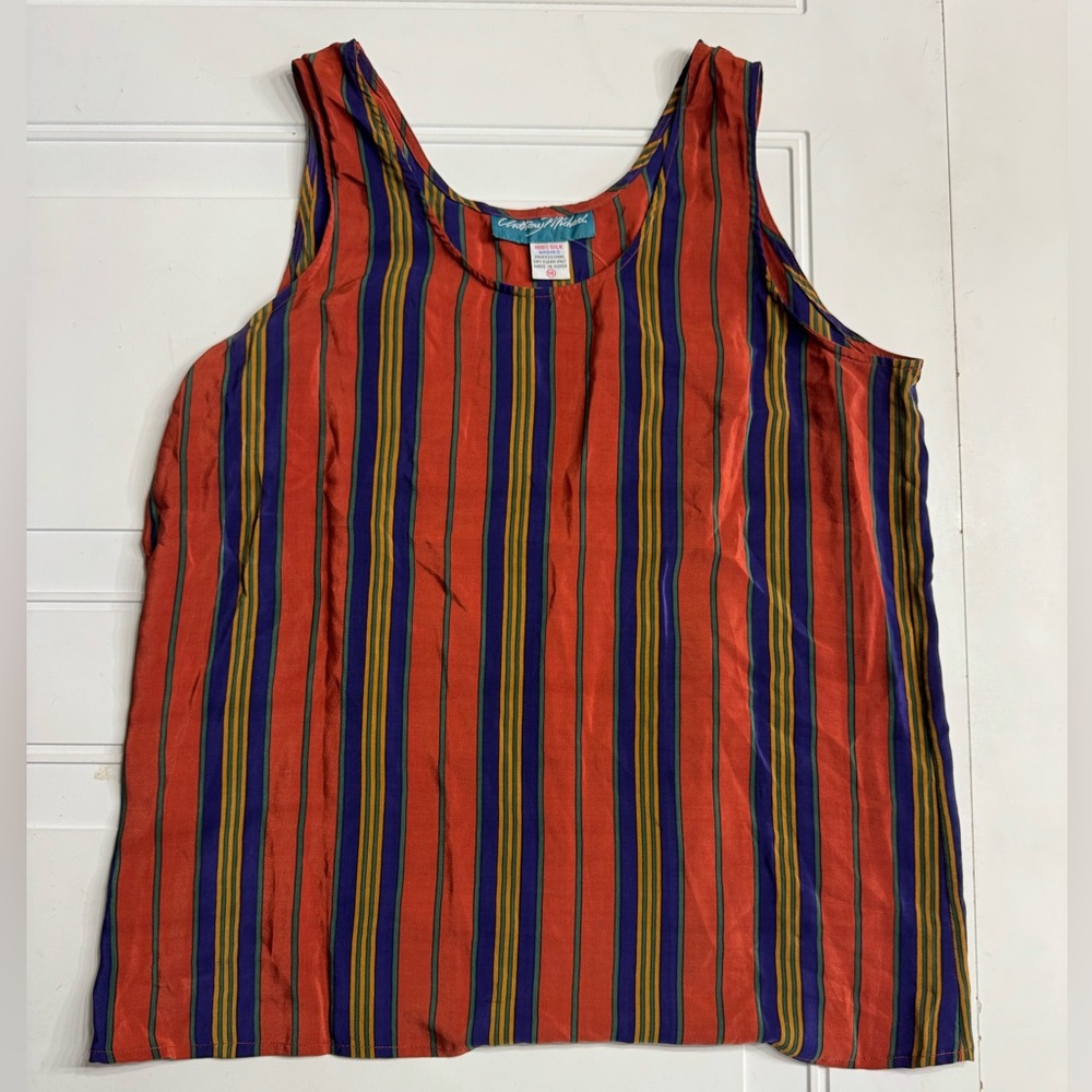 Anthony Michael Vintage 100% Silk Orange Blue Striped Tank Top Size 14